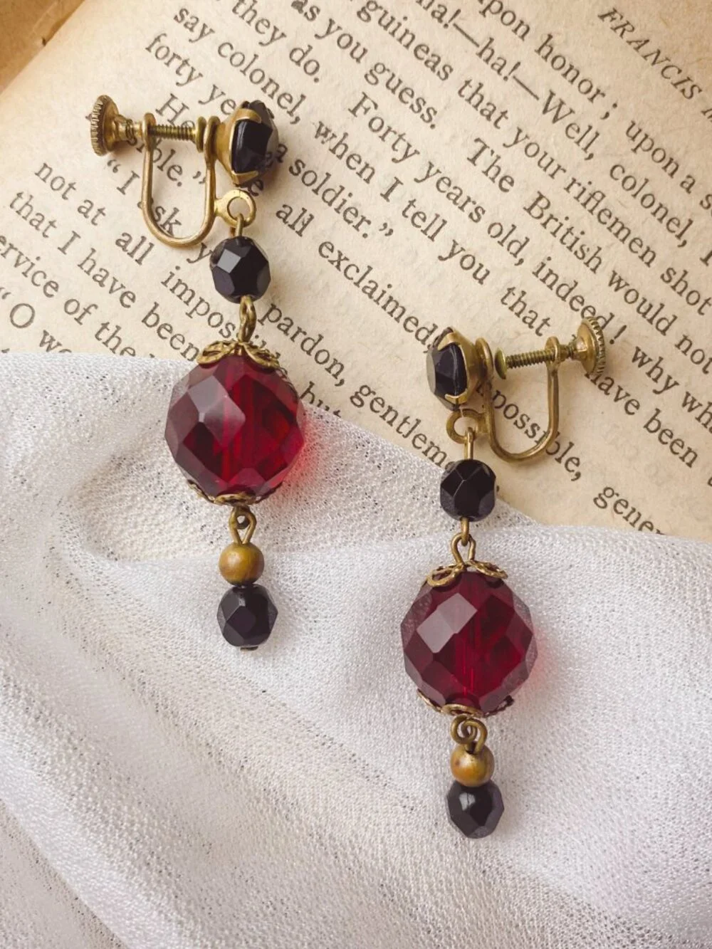 Vintage Screwback Red Crystal Glass Jewel Victorian Style Brass Drop Earrings